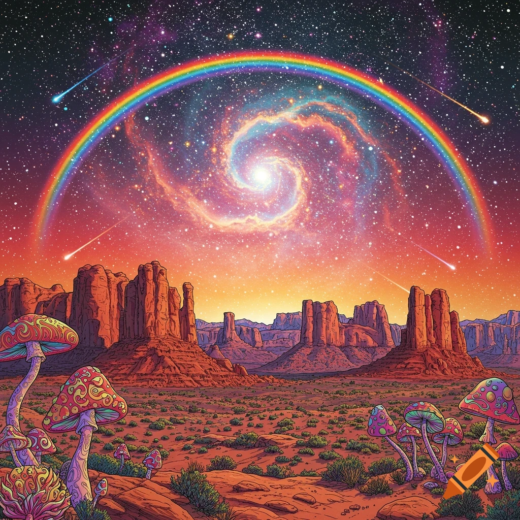 Psychedelic landscape with red rock formations, large mushrooms, rainbow over starry sky with galaxy and shooting stars.
