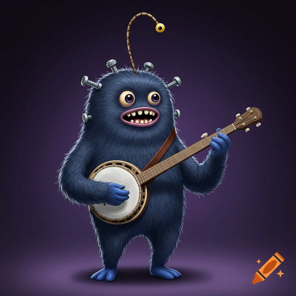 A dark blue furry monster with large eyes and bolts in its head plays a banjo against a purple background.