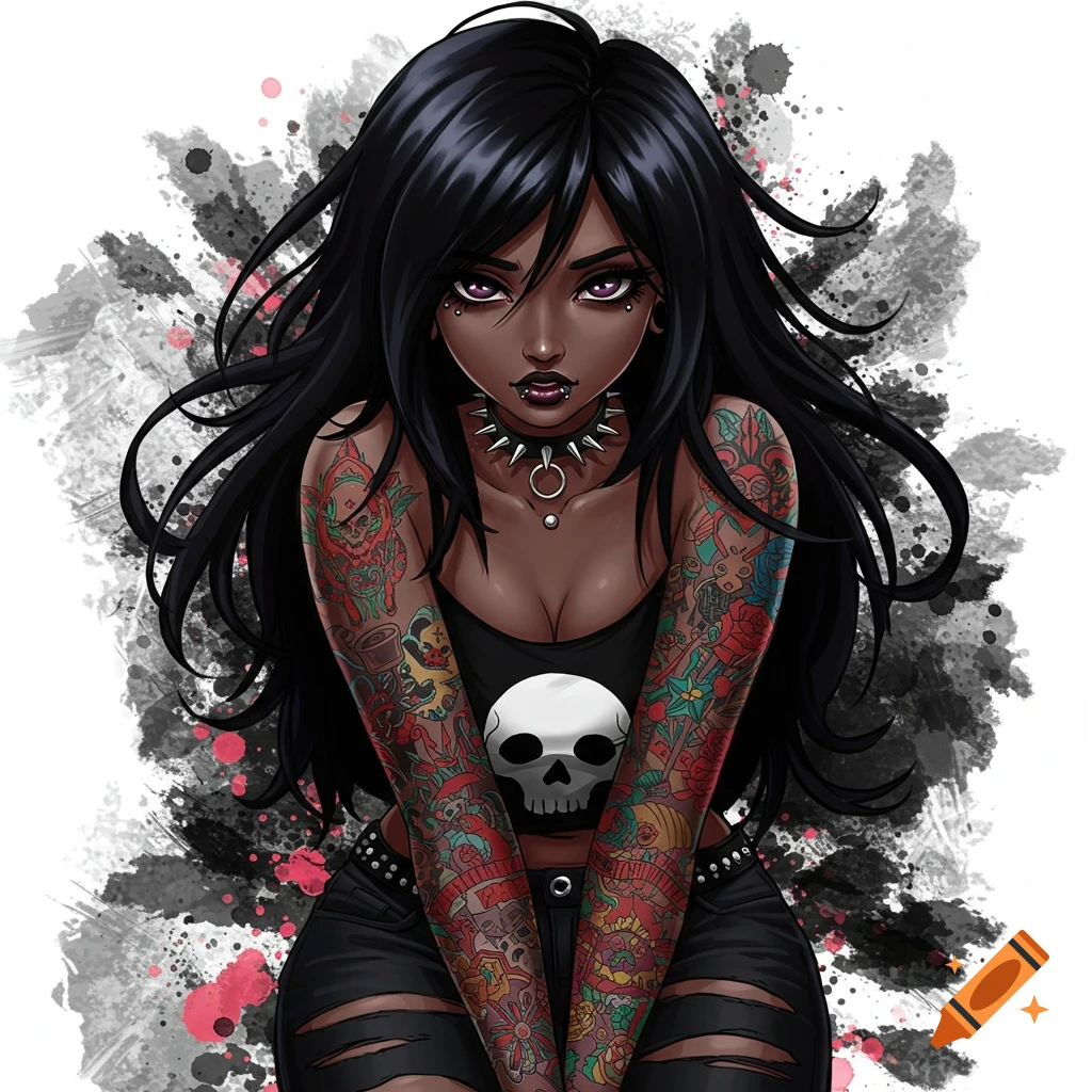 An anime illustration of a gothic woman with dark skin, tattoos, and piercings.