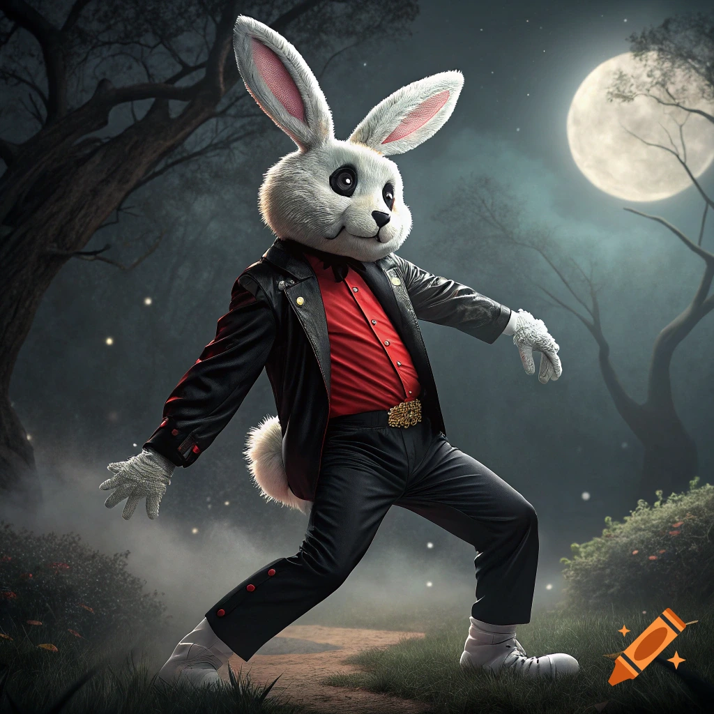 A white plush bunny in a black leather jacket and red shirt is dancing in a spooky forest under a full moon.
