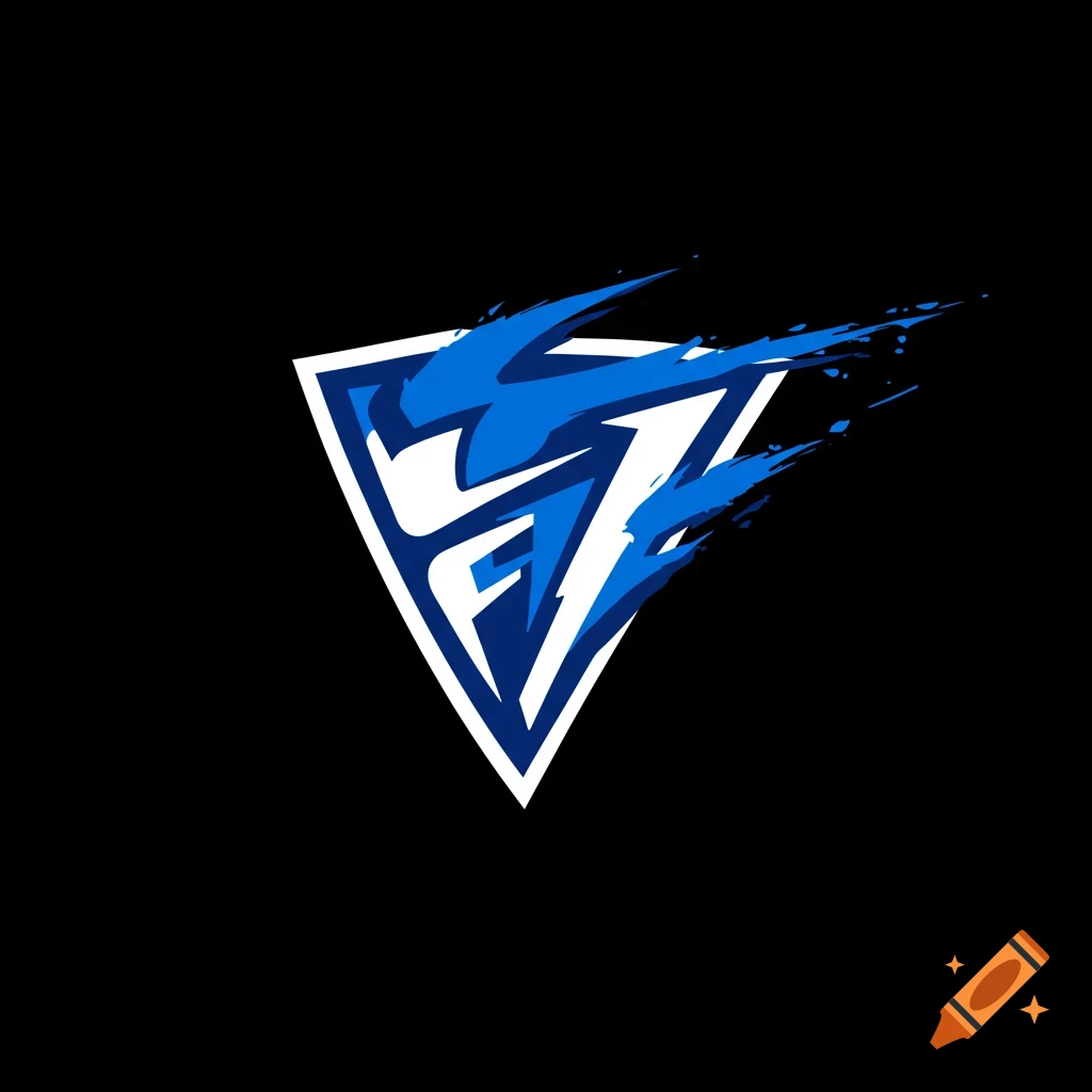 Blue and white stylized sports logo in a triangle with paint splatters on a black background.
