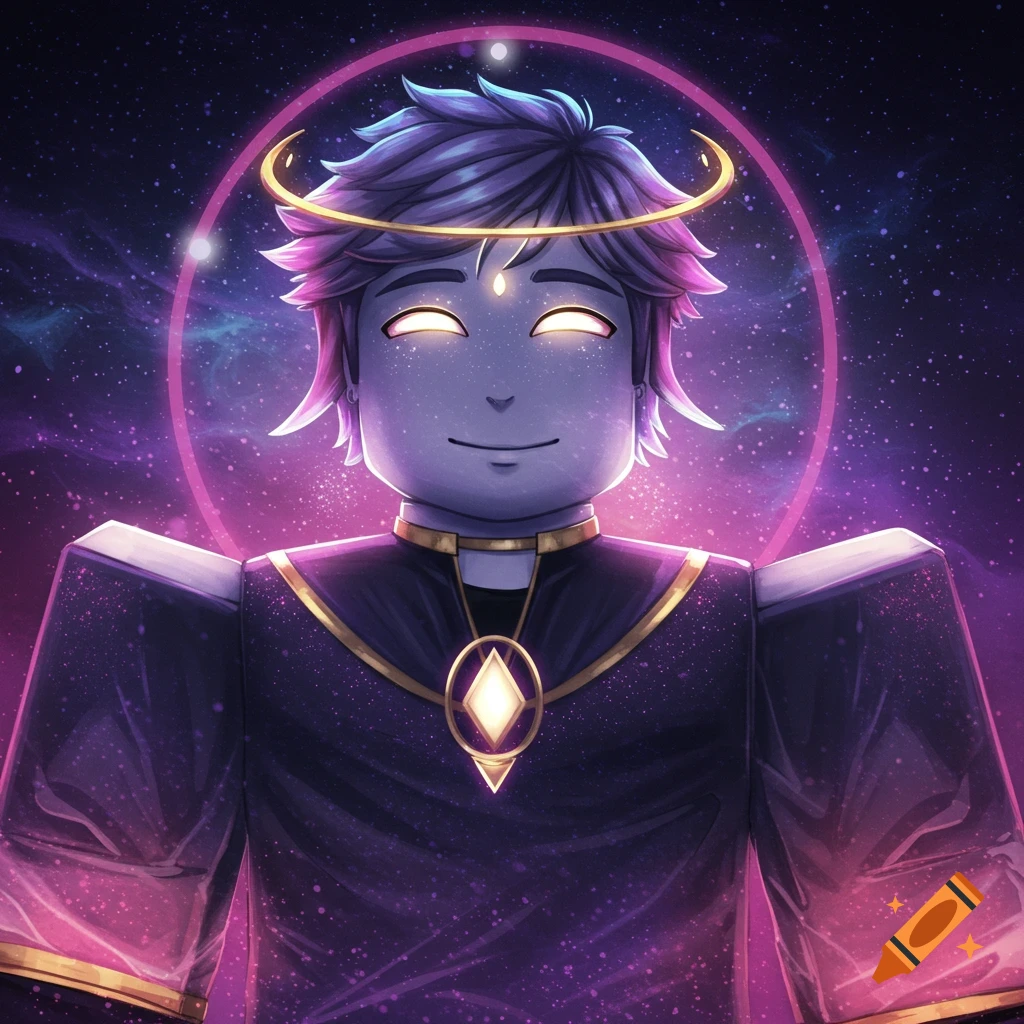 Stylized character with glowing eyes and halo against a purple cosmic background.