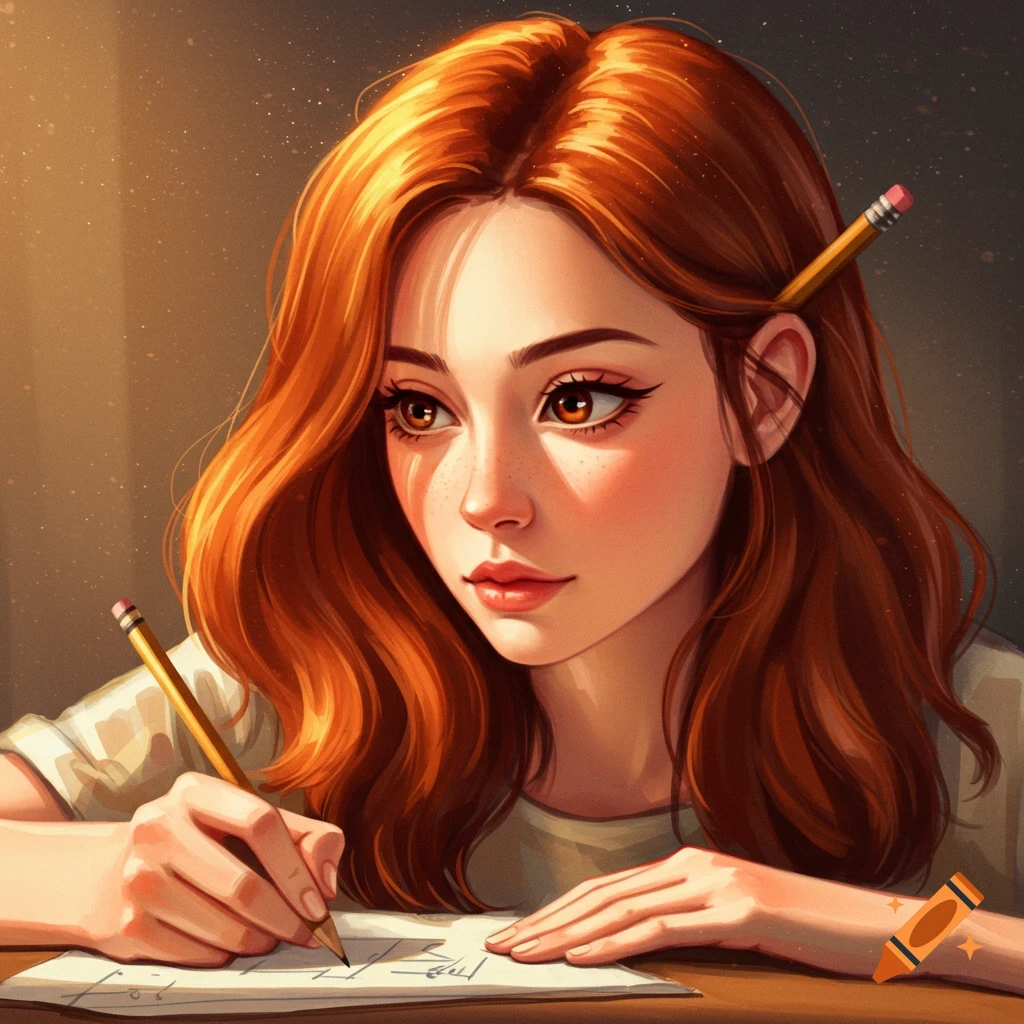 A stylized image of an auburn-haired woman writing, with a pencil behind her ear.