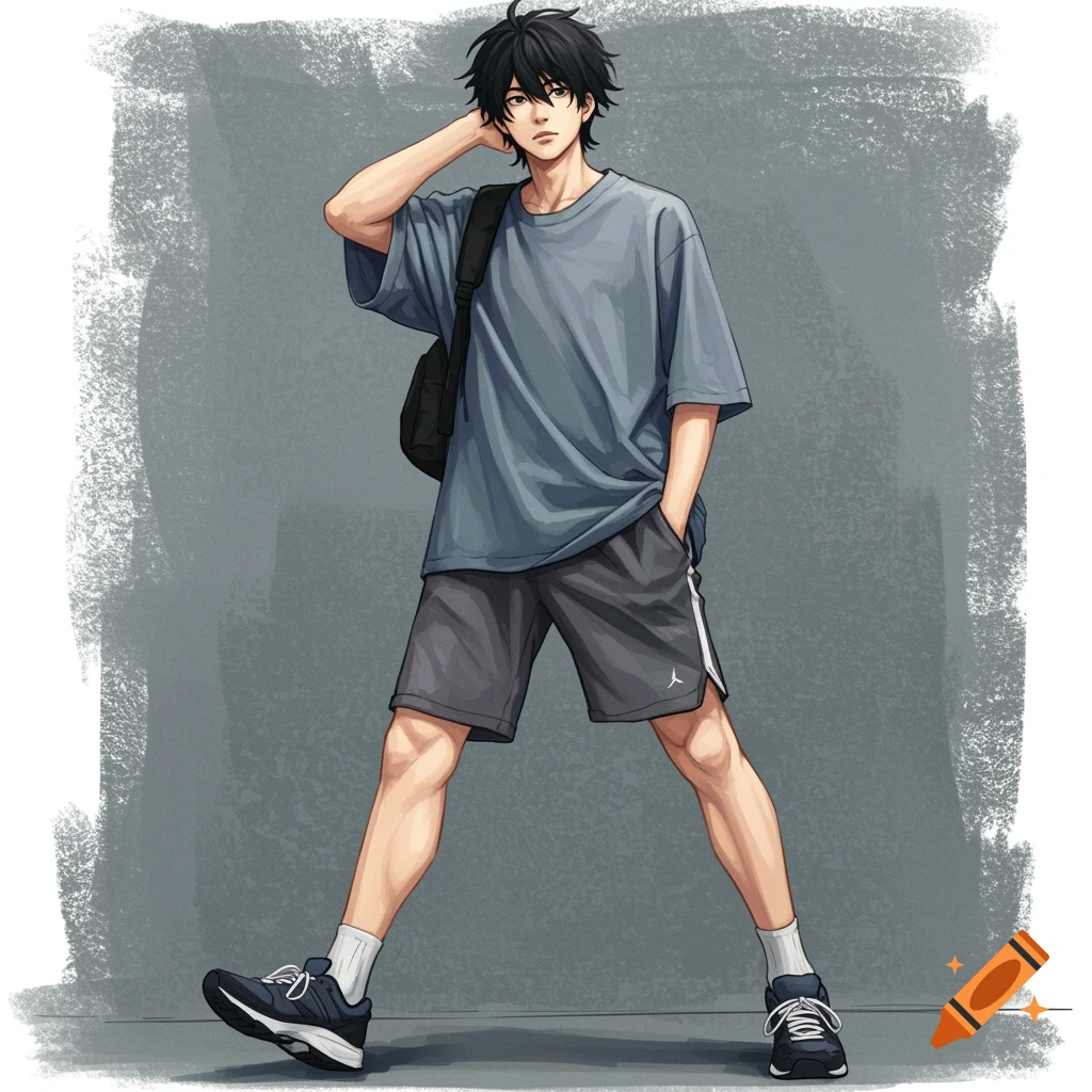 A young man in anime style wearing a grey t-shirt and athletic shorts.