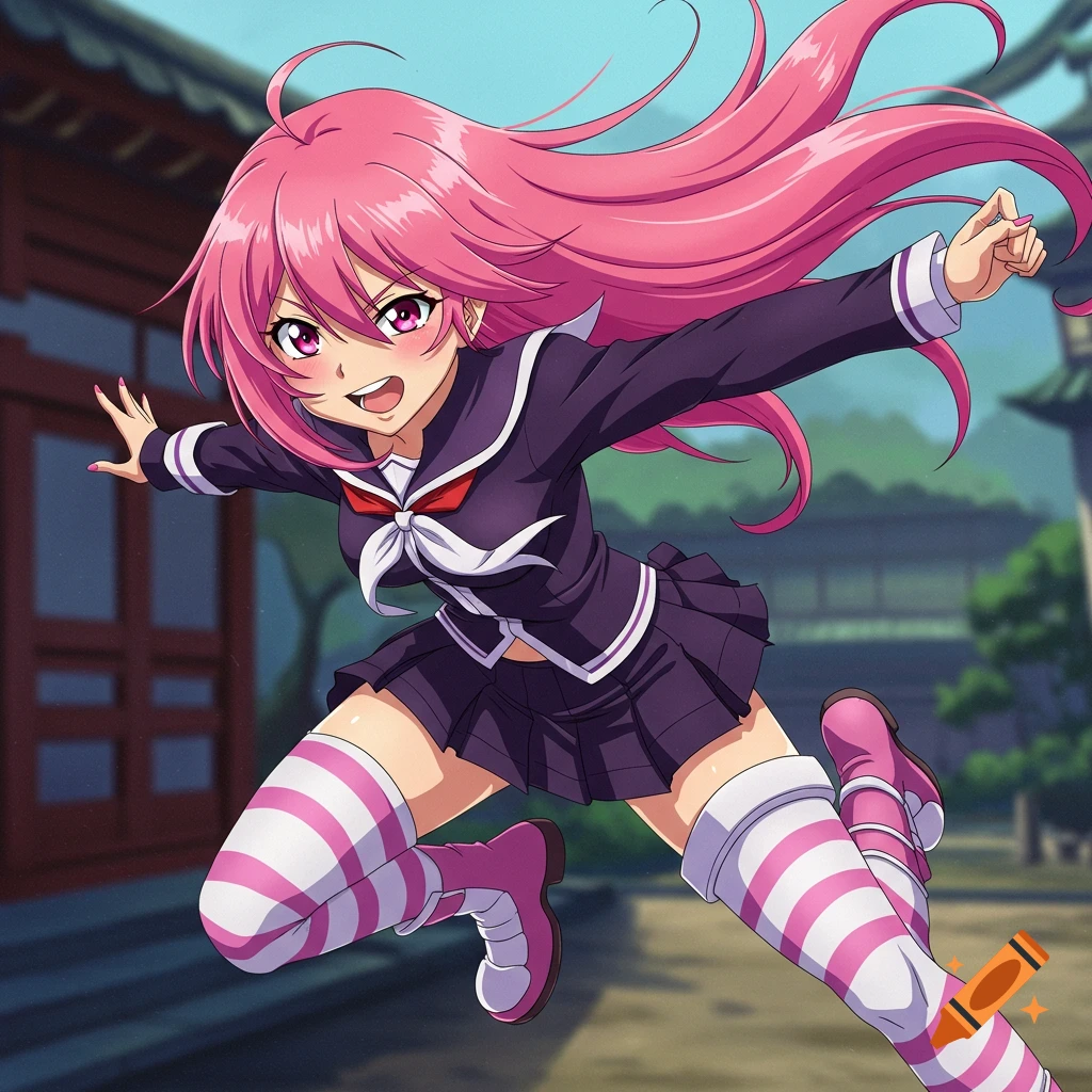 Anime girl with pink hair in school uniform jumping