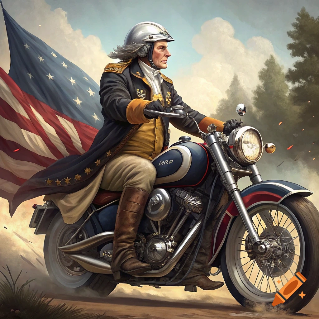 George Washington riding a motorcycle with an American flag on a dirt road
