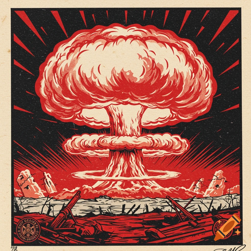 Stylized illustration of a red mushroom cloud over a destroyed landscape.