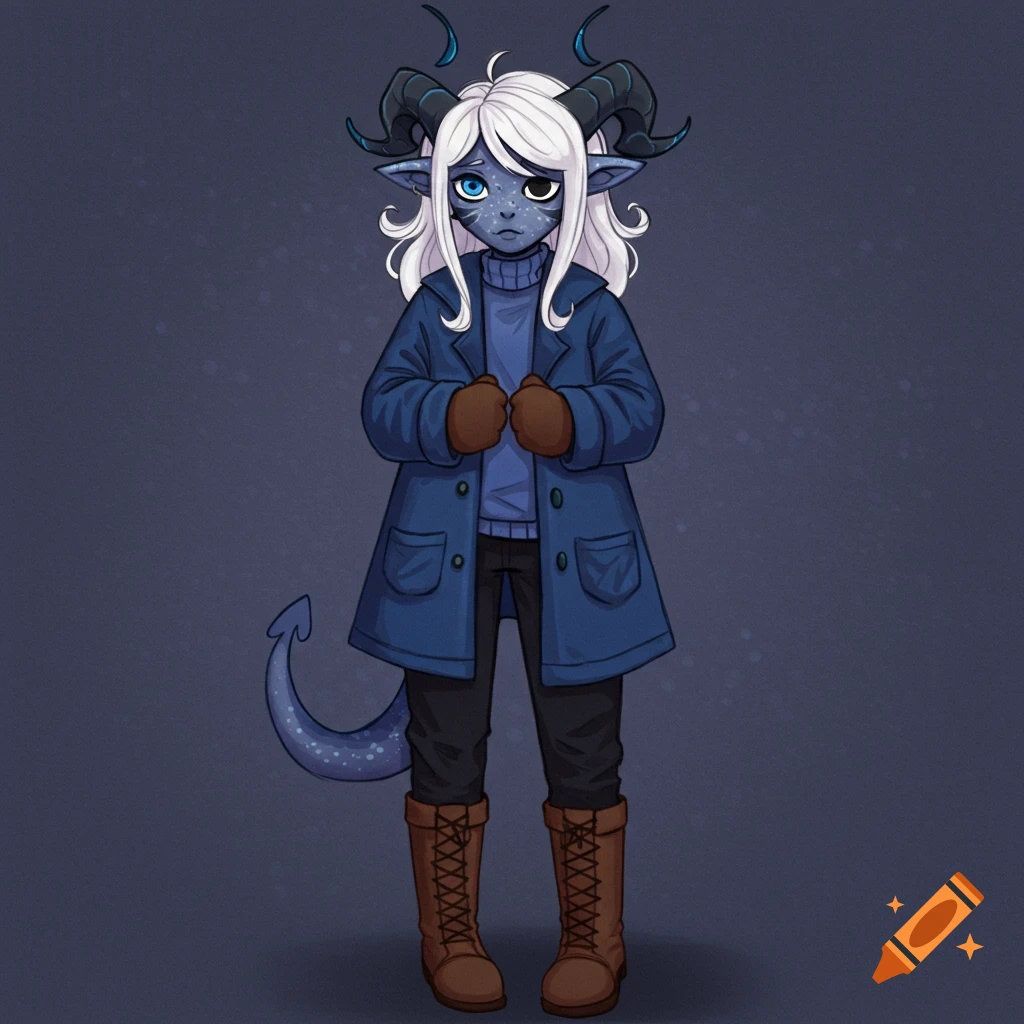 Digital illustration of a fantasy character with blue skin, horns, and tail, wearing a blue coat.