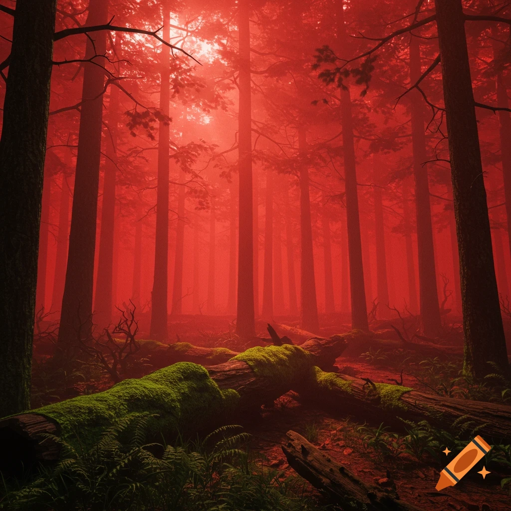 A dense forest shrouded in dramatic red light and fog, with moss-covered logs on the ground.
