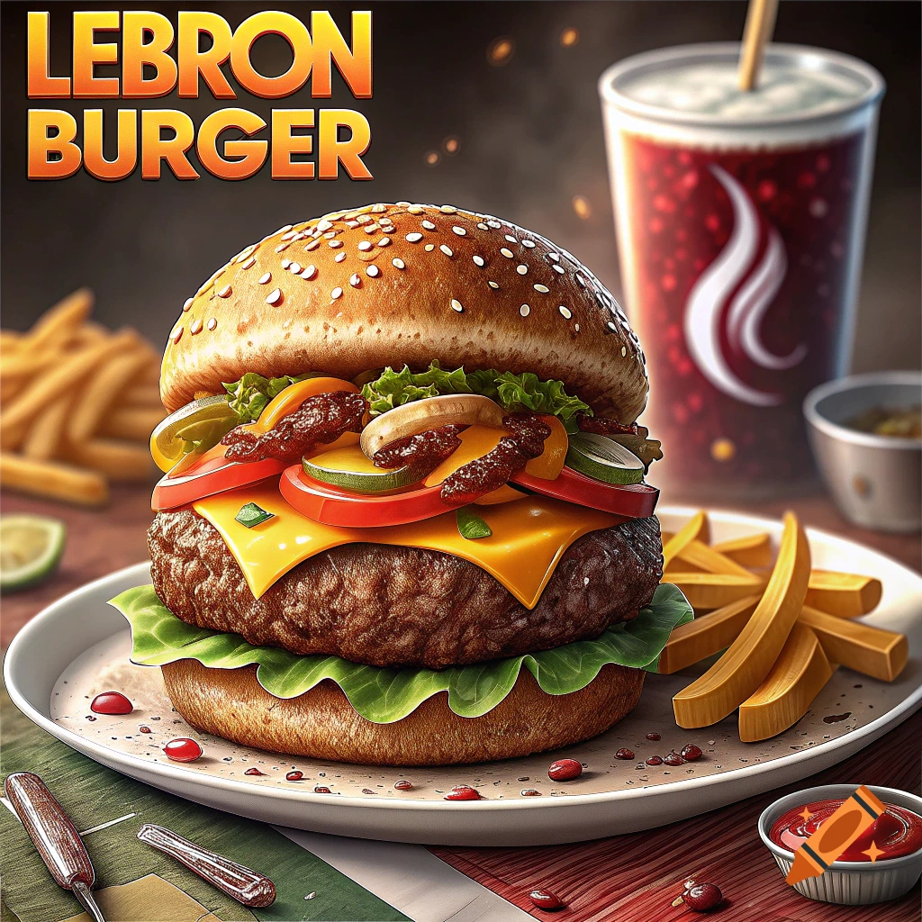 A close-up, photorealistic image of a large burger, fries, and soda.