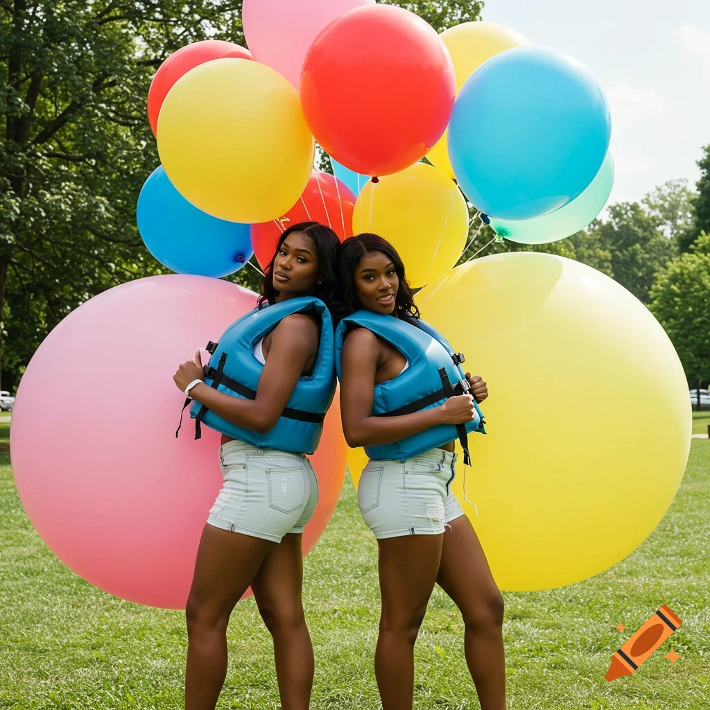 Two women in blue life vests and shorts pose back-to-back among large colorful balloons in a park.