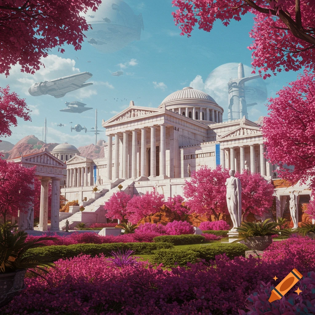 Classical palace with pink trees in a sci-fi landscape with spaceships and a planet.