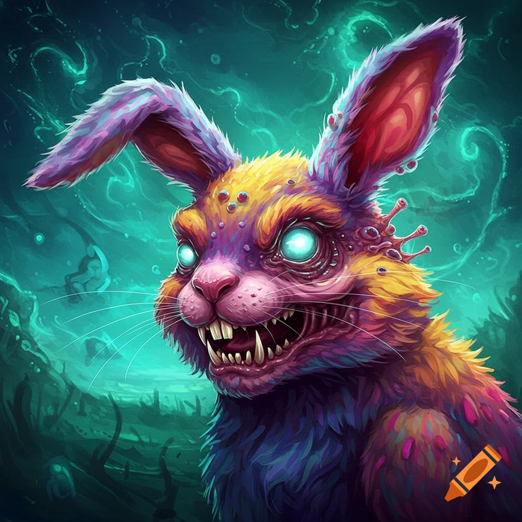 A colorful mutated rabbit with glowing eyes and sharp teeth.