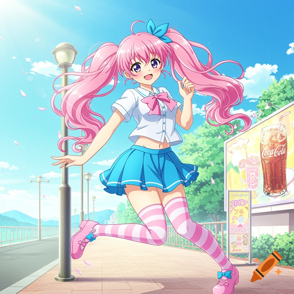 Anime girl with pink pigtails, blue skirt, and striped socks jumping outdoors near a billboard, anime style.
