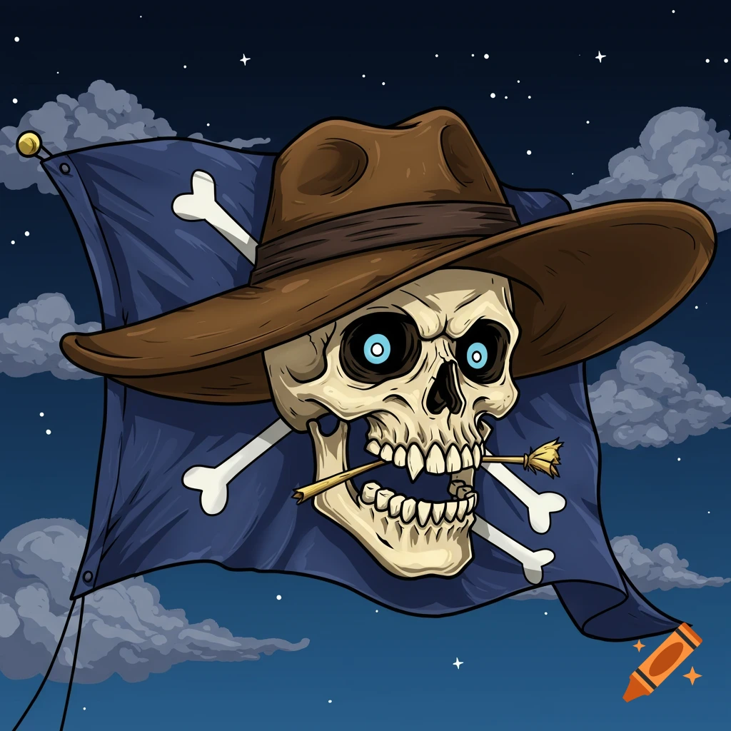 Cartoon jolly roger skull with fedora and straw on a pirate flag in anime style