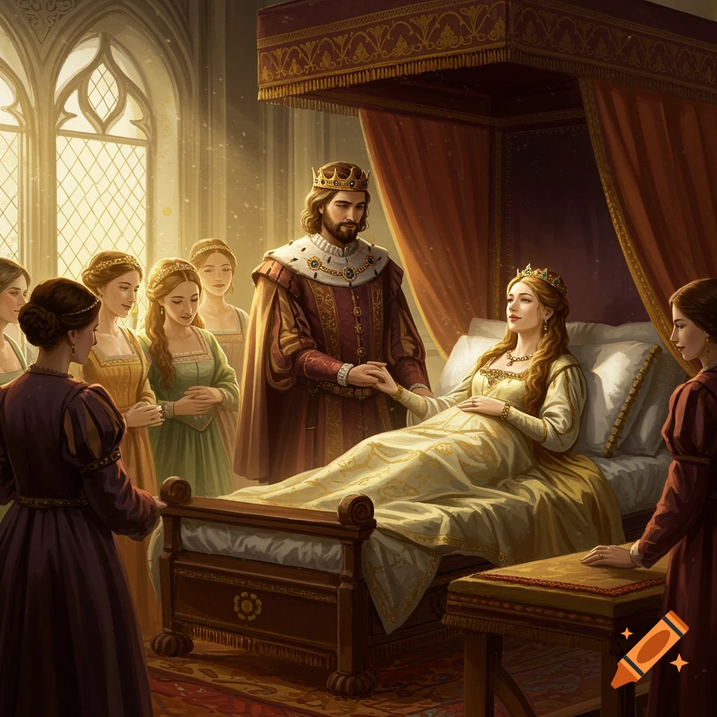 King and queen in a birthing chamber with ladies, Renaissance style