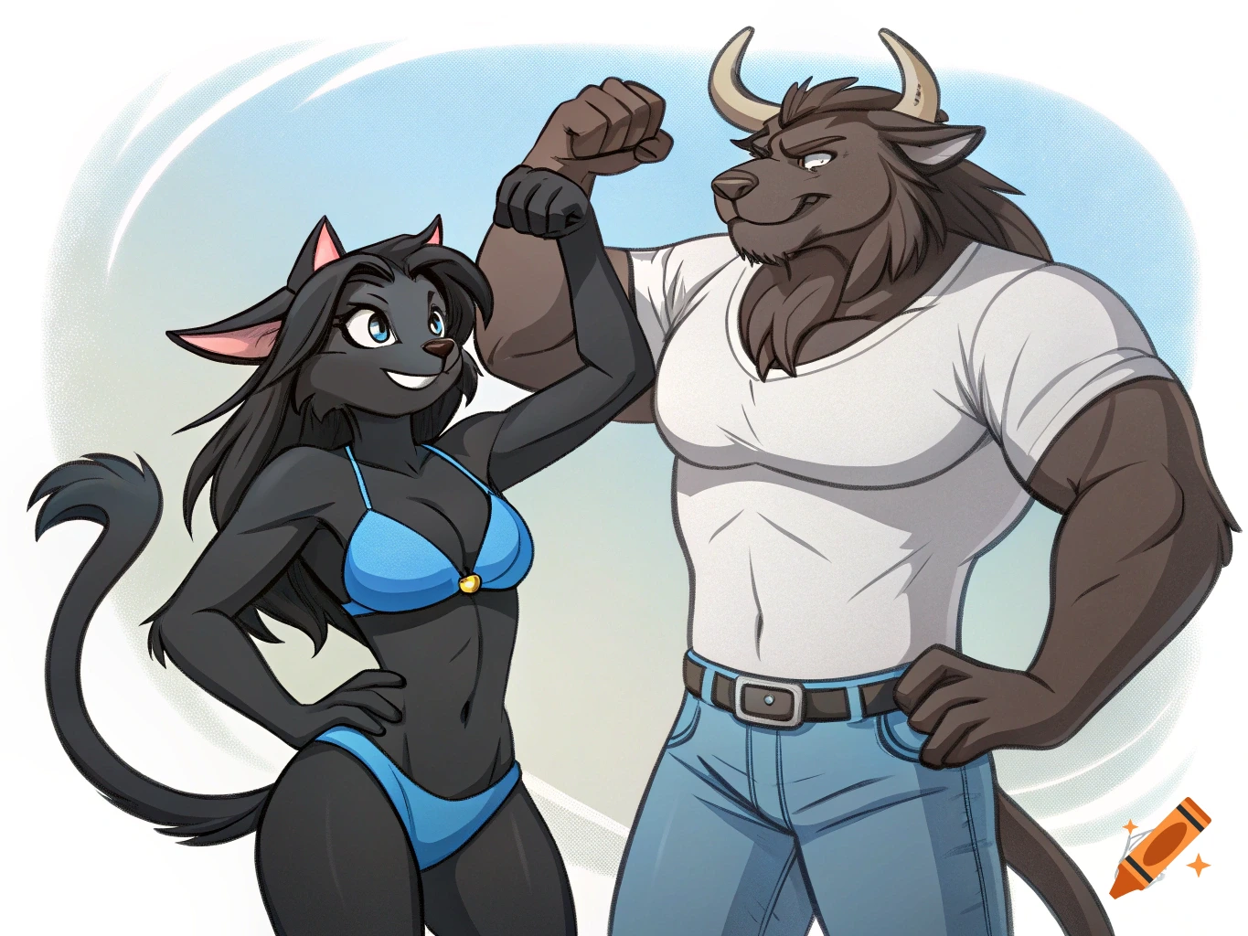 Anthropomorphic cat in bikini and bull in t-shirt flexing muscles.