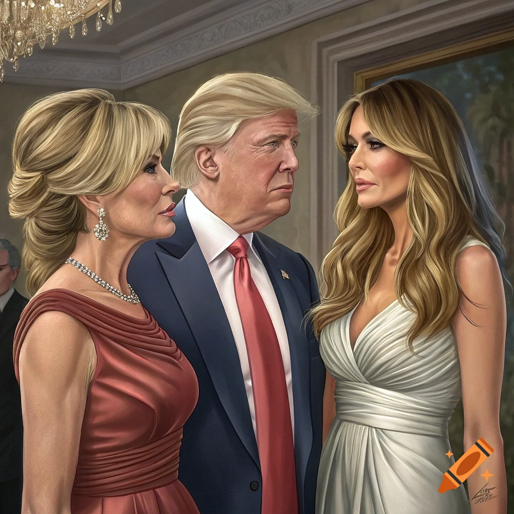 Portraits of Donald Trump, Marla Maples, and Melania Trump in formal attire.