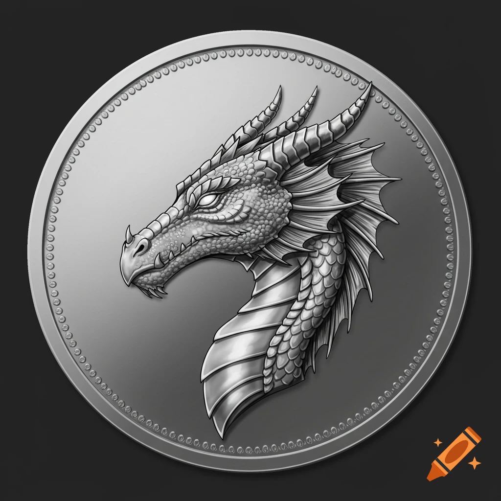 Silver dragon head embossed on a round silver coin