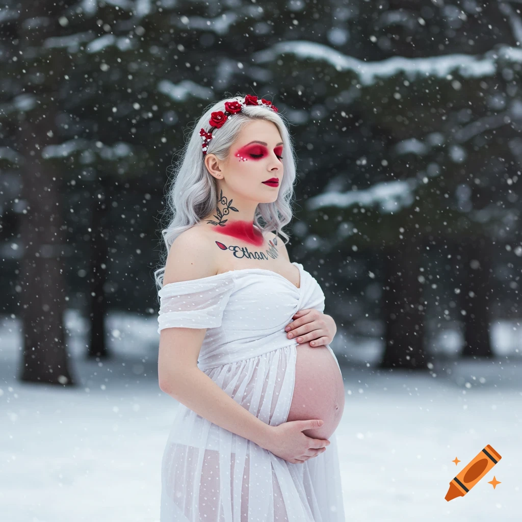 A pregnant woman in a white dress, red floral crown, and red makeup stands in the snow as it falls.