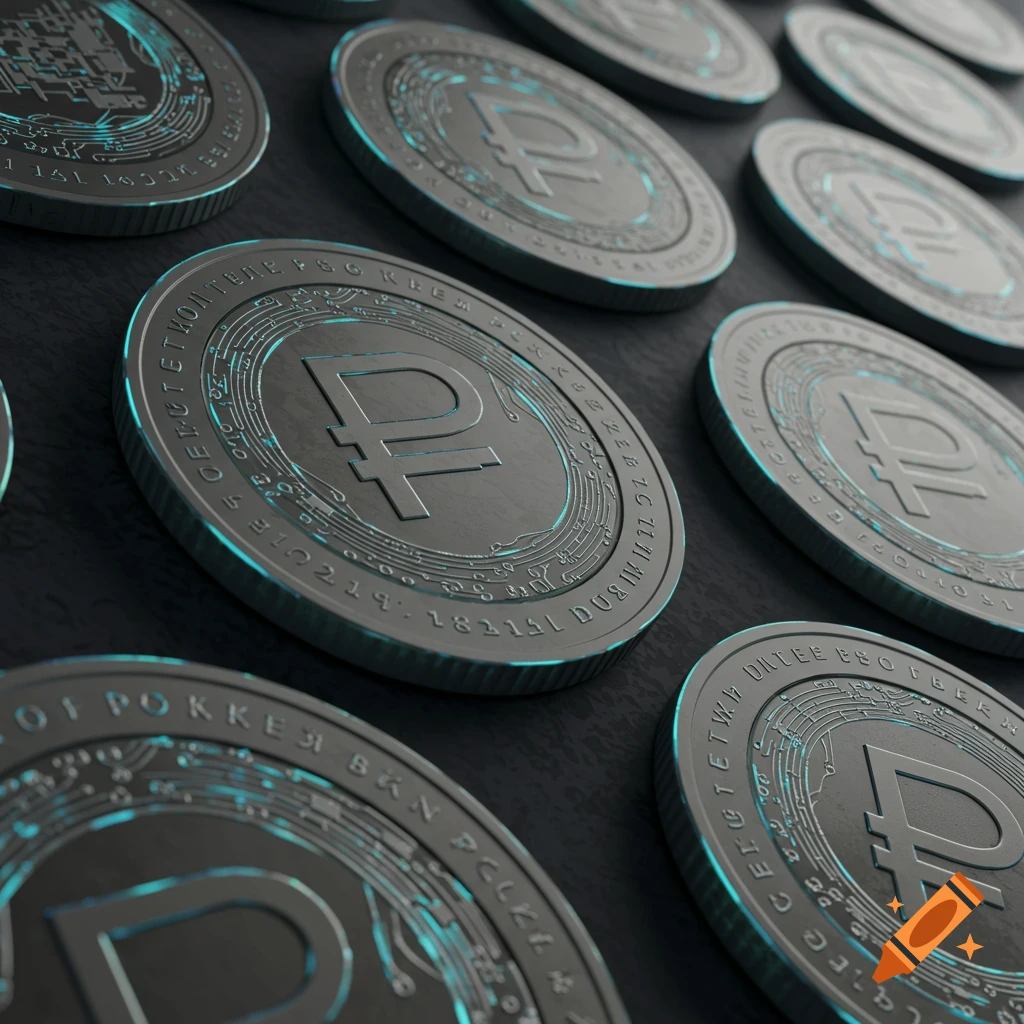 Multiple metal tokens featuring the Russian Ruble symbol and circuit patterns on a dark surface.