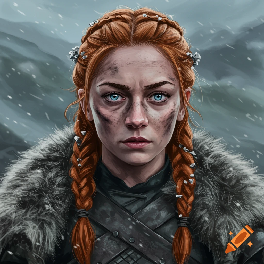 Portrait of a woman with red braids and dirt on her face, wearing fur in a snowy setting