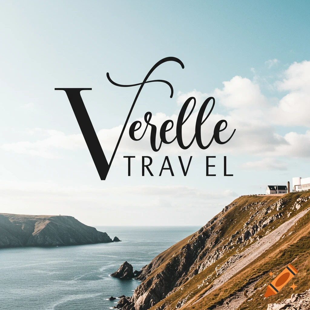 A coastal landscape with steep cliffs, ocean, and sky, overlaid with the text 'Verelle TRAV EL'.