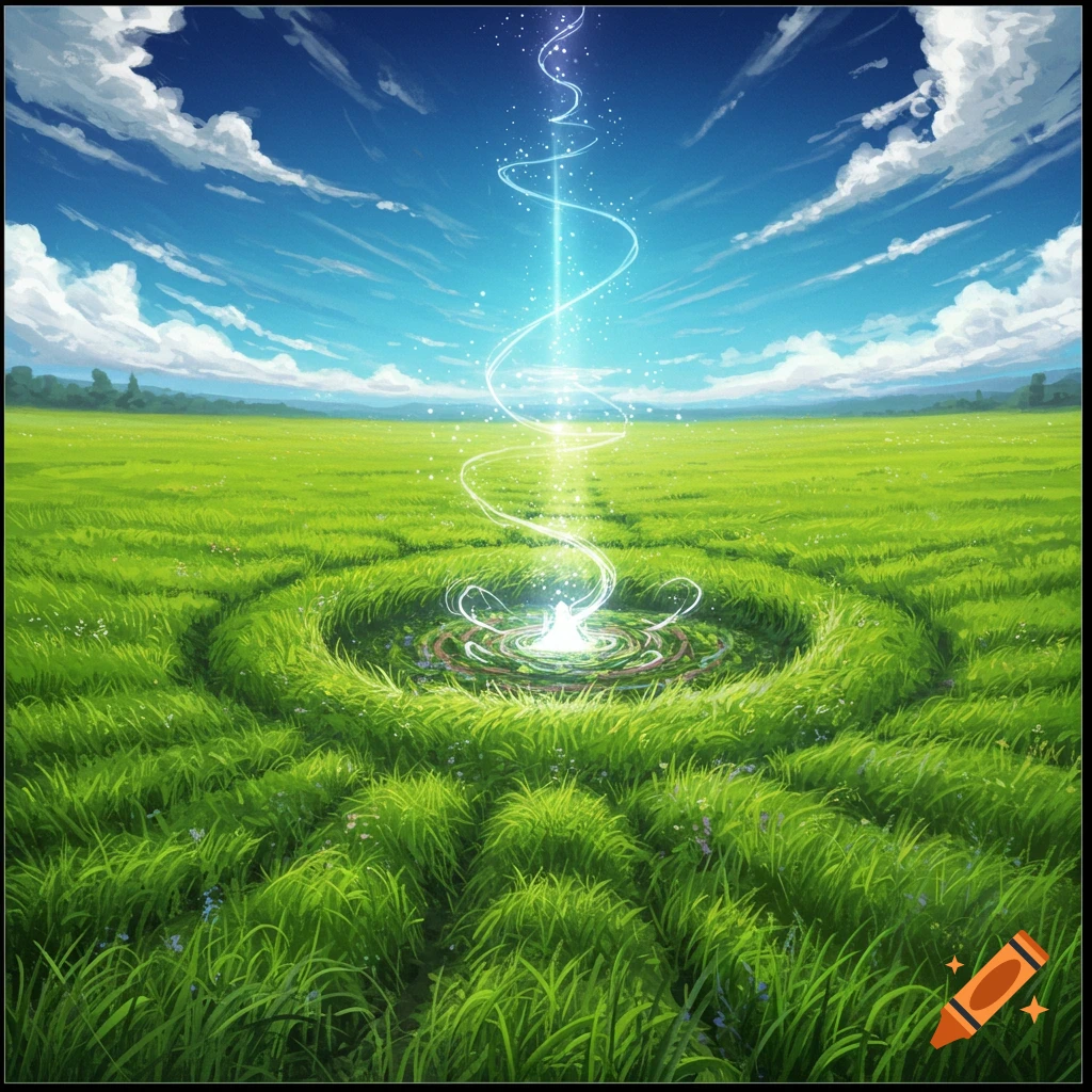 A grassy field with a glowing vortex and spiraling light beam.