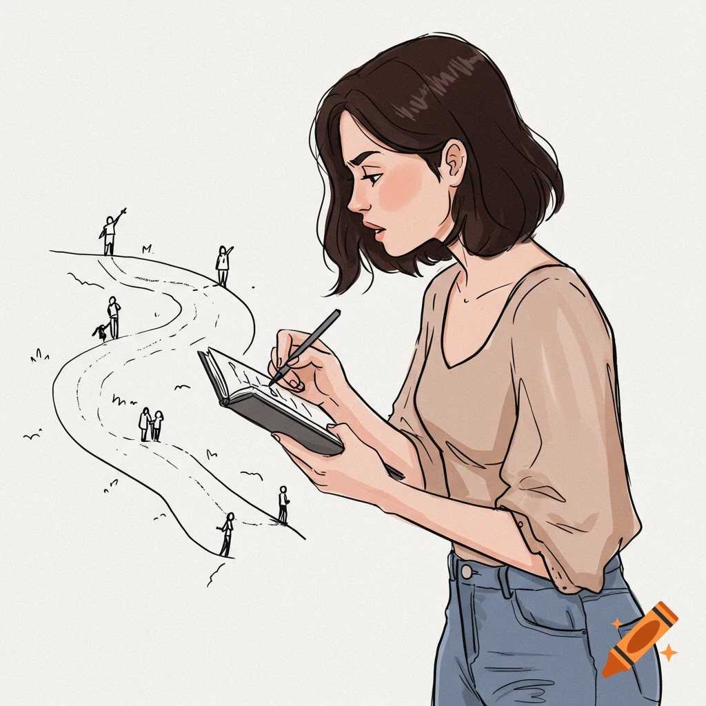 Simple illustration of a woman sketching a path and stick figures in a notebook.
