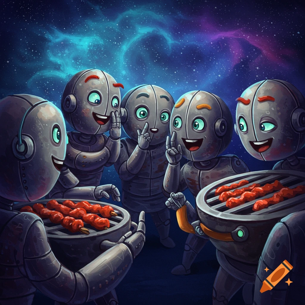 Cheerful cartoon robots having a barbecue in space, grilling skewers and gossiping.
