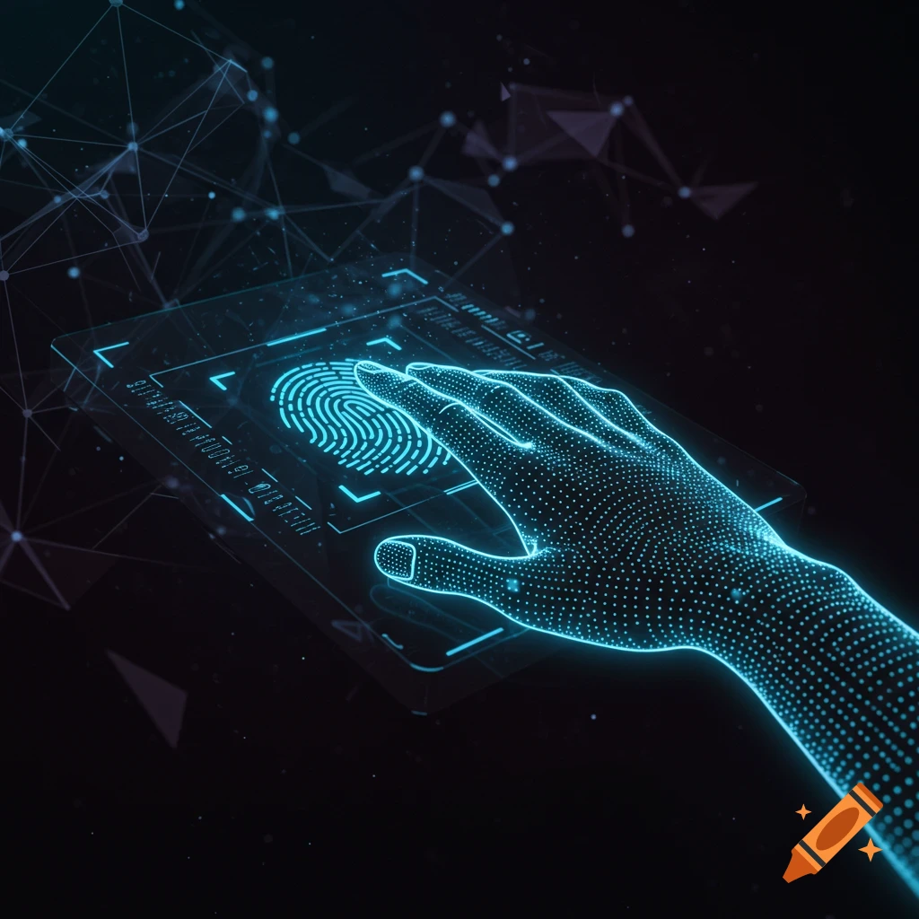 Glowing blue wireframe hand on futuristic biometric scanner interface.
