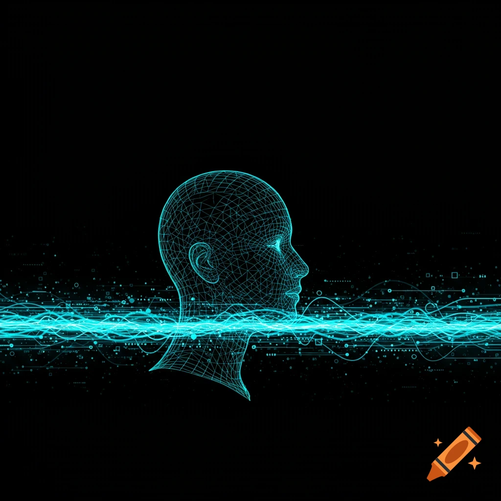 Digital illustration of a wireframe human head in profile with bright cyan data streams flowing horizontally across a black background.