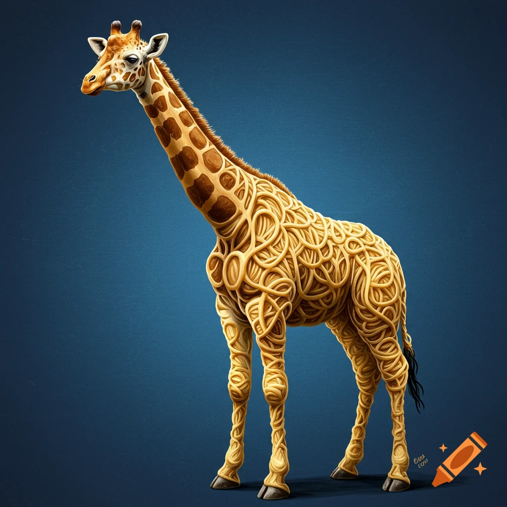 a giraffe whose body is made of spaghetti.