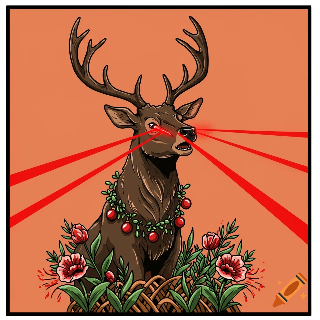 Vector graphic of a deer with red laser eyes and Christmas garland sitting in a basket with flowers.