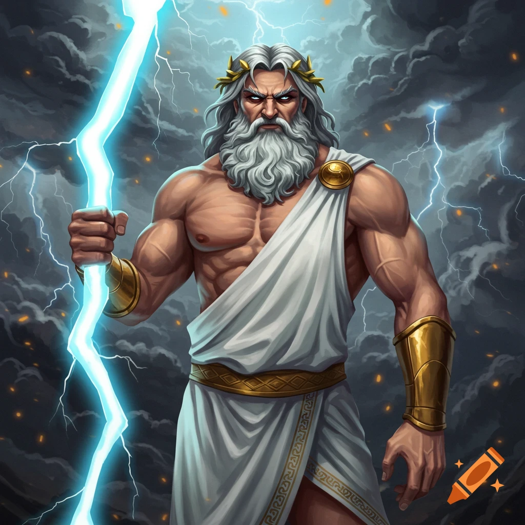 Zeus holding a lightning bolt against a stormy sky.