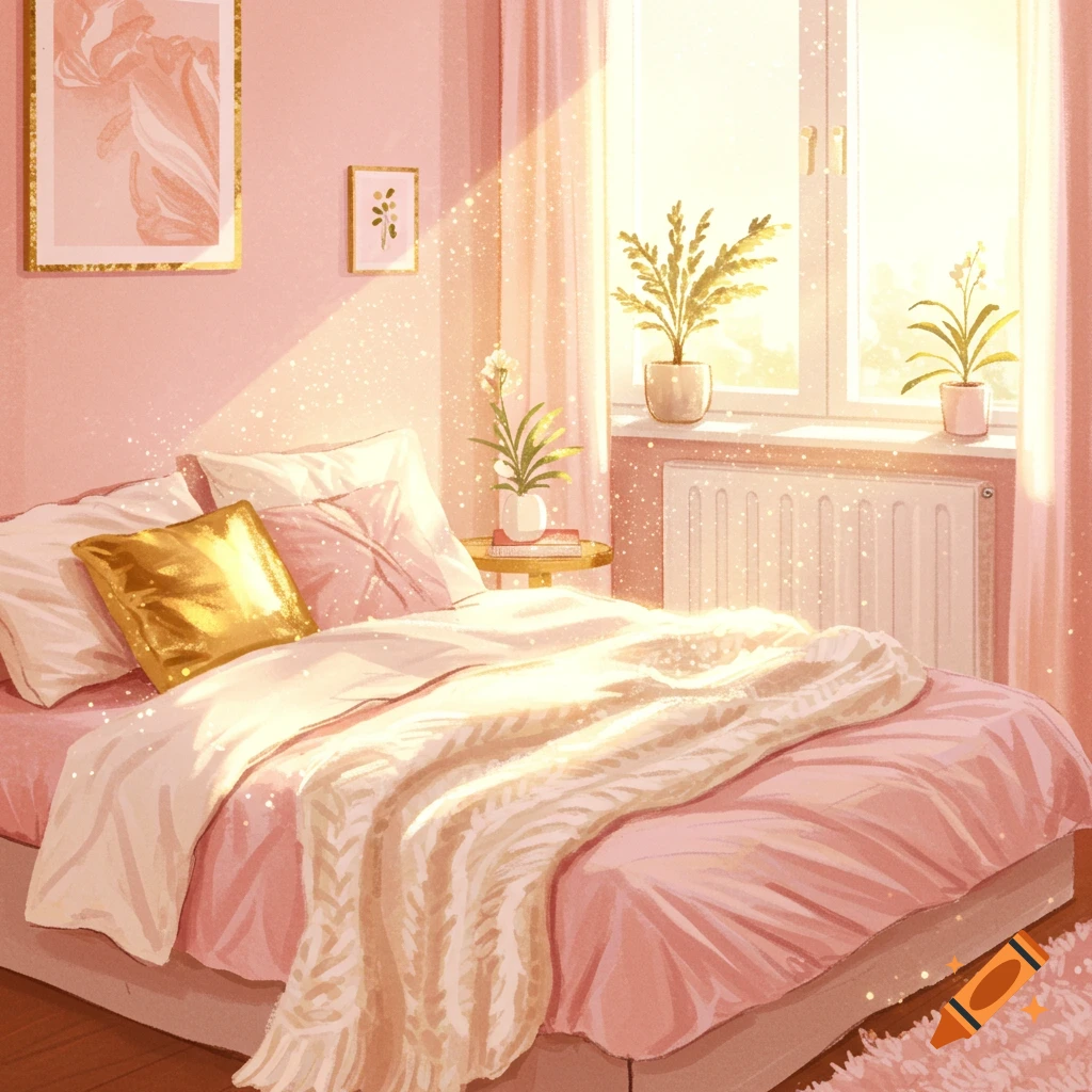 Cozy pink bedroom with sunlight streaming onto a bed with gold accents.