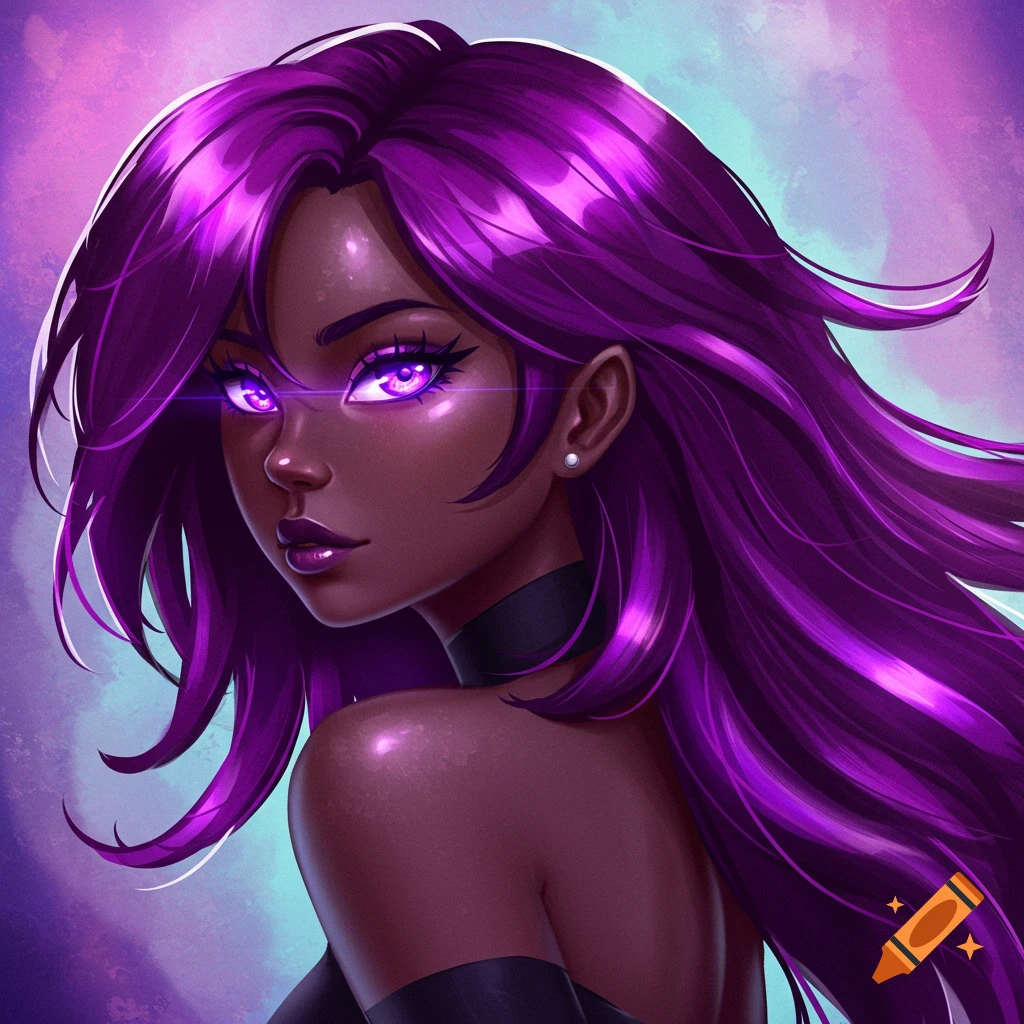 A black anime female character with purple hair and glowing purple eyes