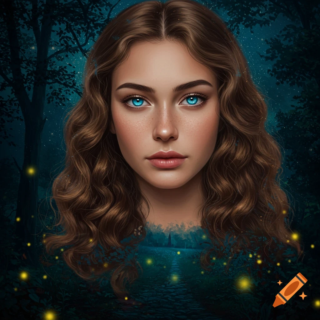 Portrait of woman with blue eyes and brown hair in dark forest with fireflies.