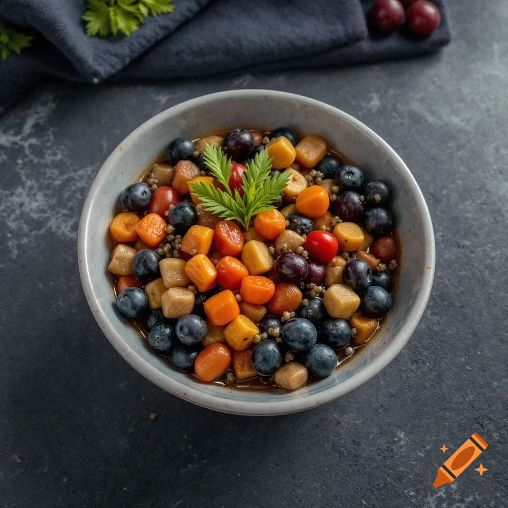 A bowl of mixed diced fruits (blueberries, grapes, cherry tomatoes) and vegetables (carrots, potatoes) with quinoa.