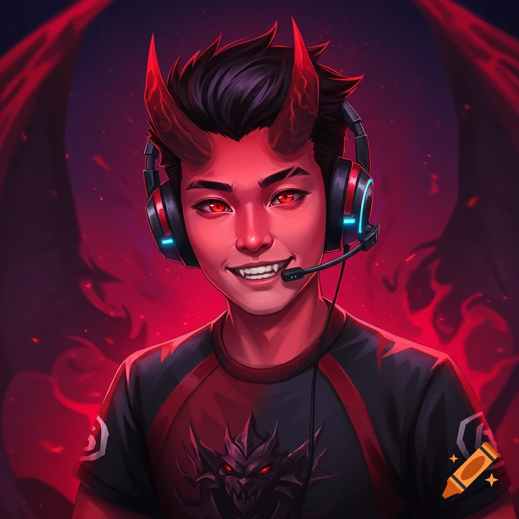 A person with red skin, horns, fangs, and red eyes, wearing gaming headphones, with demonic wings behind.
