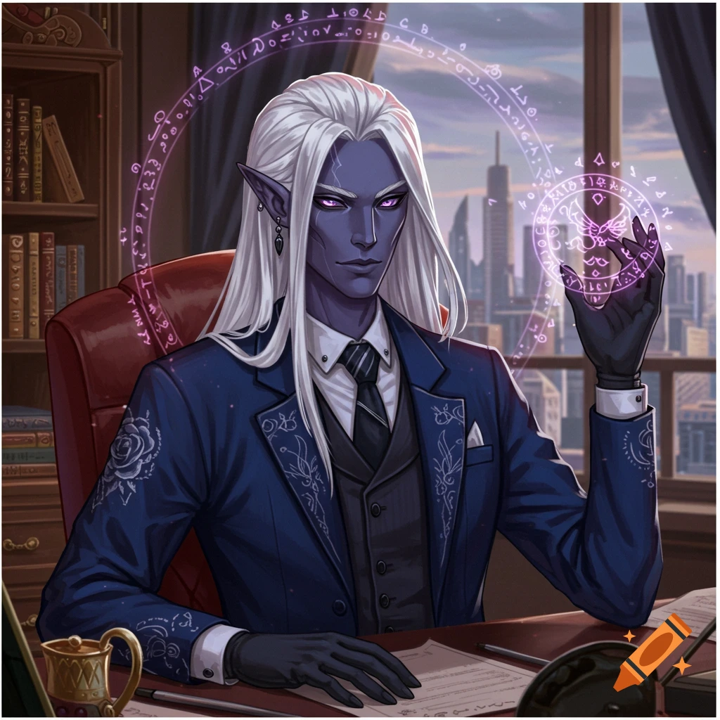 A dark-skinned fantasy man with white hair, purple eyes, and pointy ears in a suit at a desk with magic.
