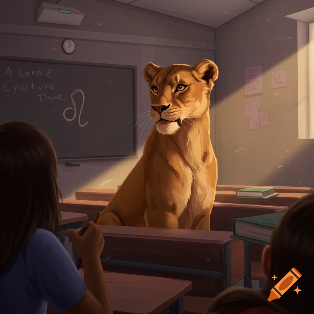 A lioness sitting at the front of a classroom bathed in sunlight.