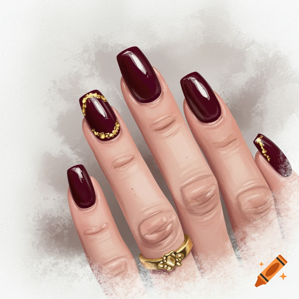 A hand with dark red fingernails adorned with gold accents.