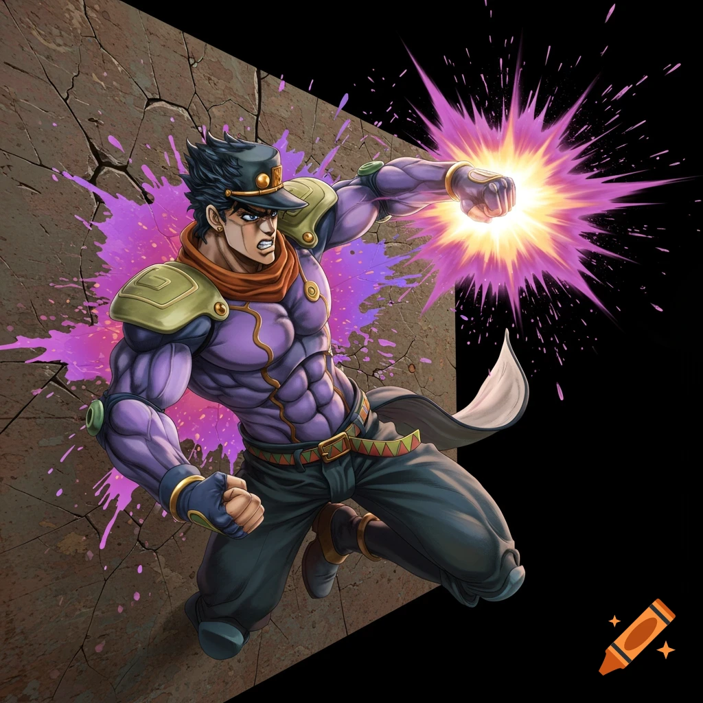 Anime illustration of Jotaro Kujo punching with purple splash and energy effect
