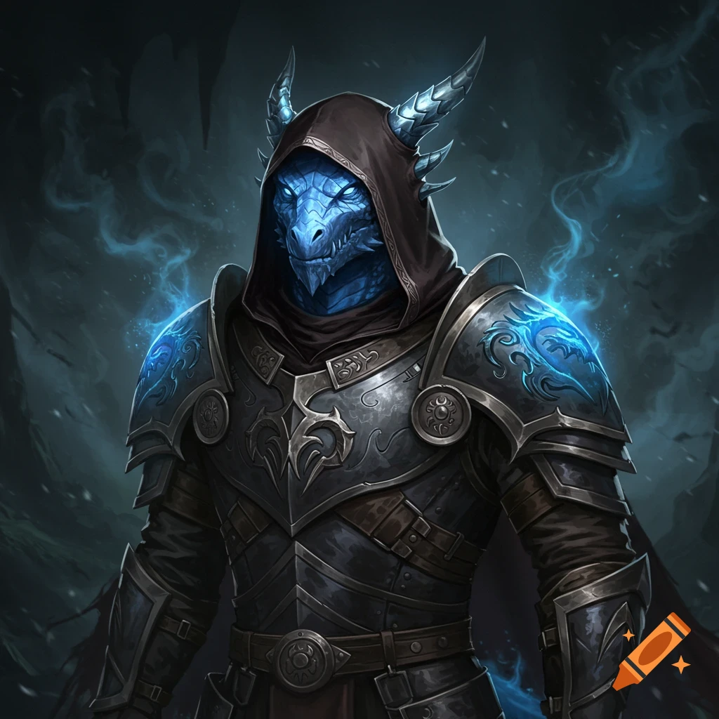 A blue dragonborn wearing dark plate armor and a hooded cloak, standing in a dark setting.
