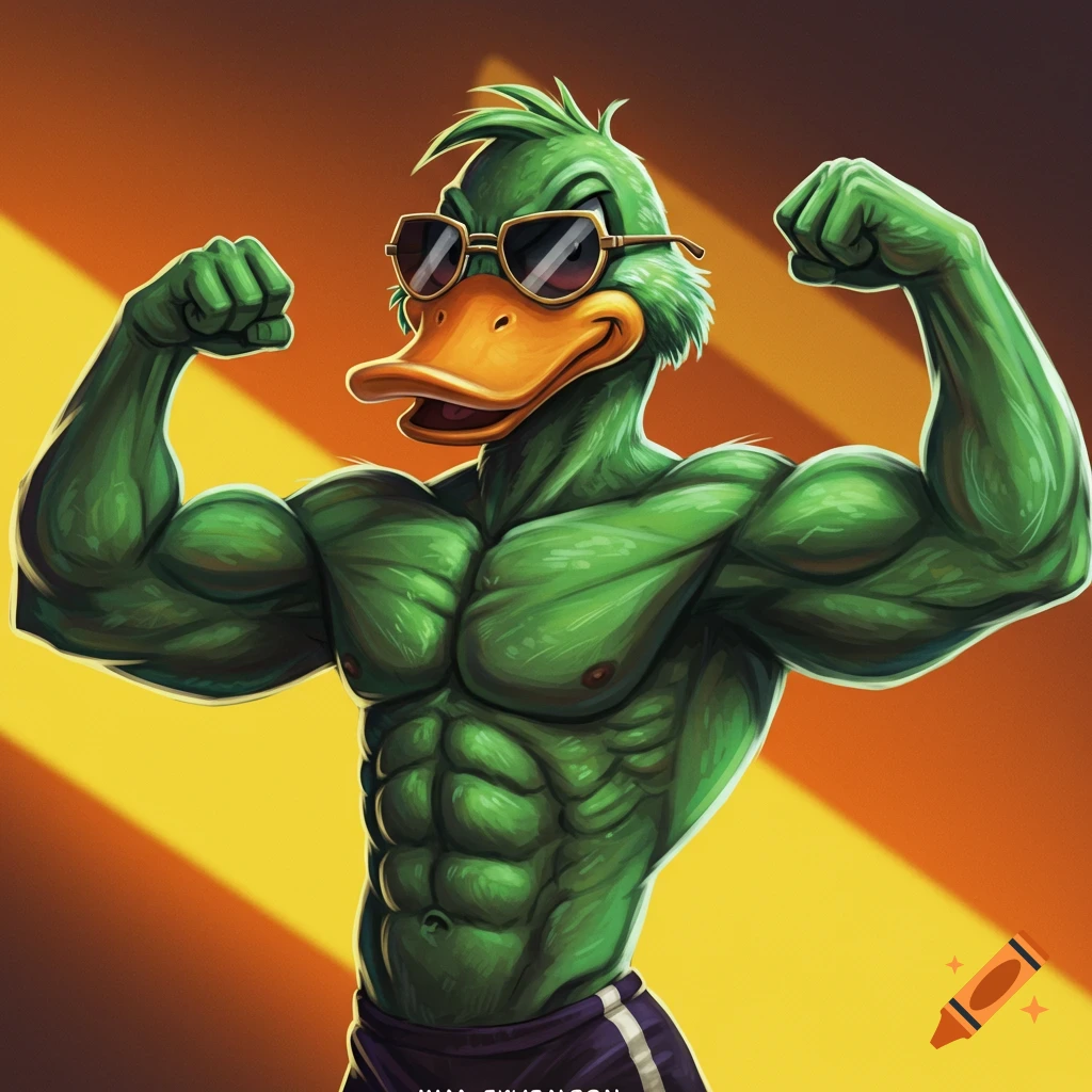 A muscular green duck wearing sunglasses flexes its biceps.