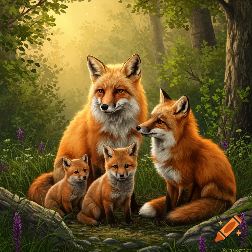A fox family in a sunlit forest clearing.