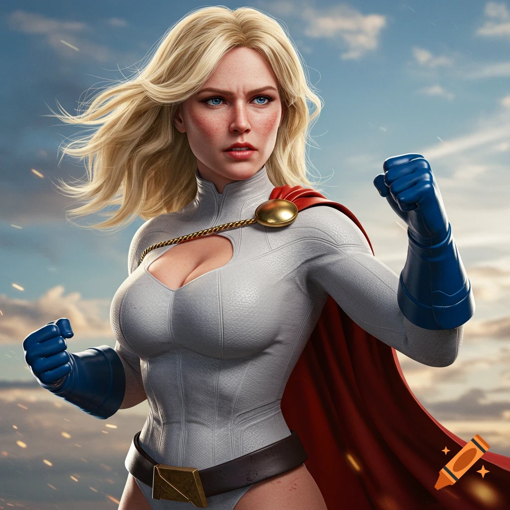 Digital portrait of Power Girl in costume posing against a sky background.
