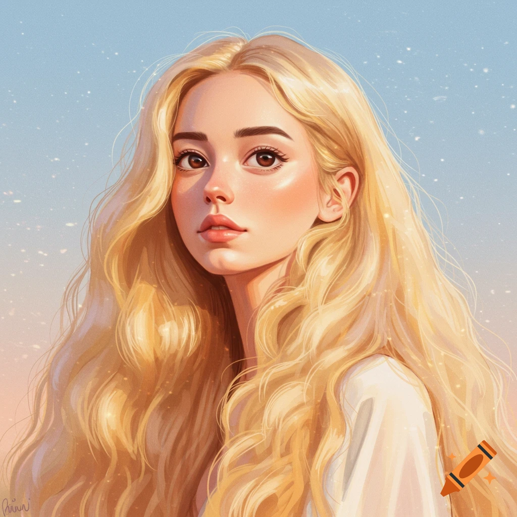 A woman with long blonde hair and brown eyes.
