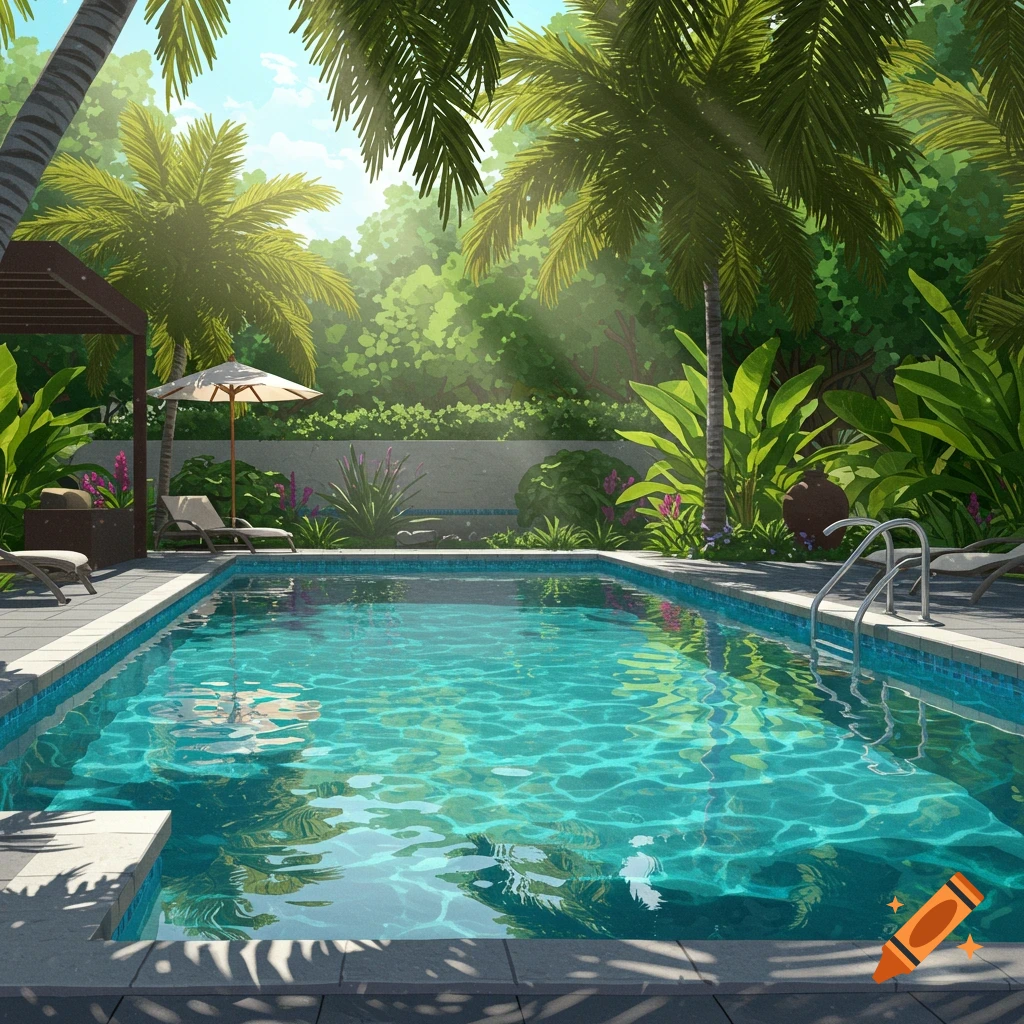A tropical swimming pool surrounded by palm trees and lush vegetation.